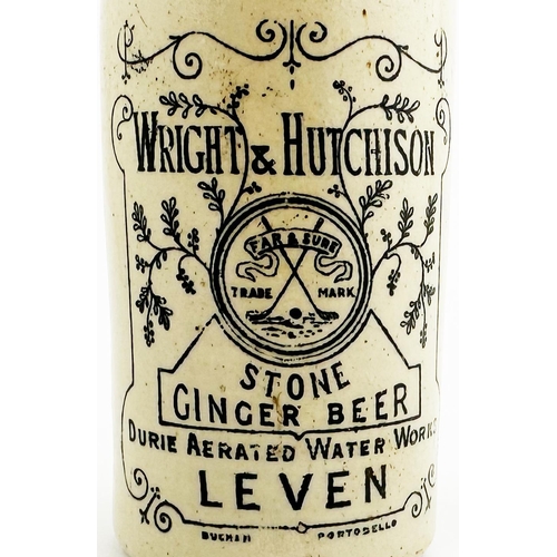 167 - LEVEN WRIGHT & HUTCHINSON GINGER BEER BOTTLE. 9.3ins tall. Ch, t.t., swing stopper (original lettere... 