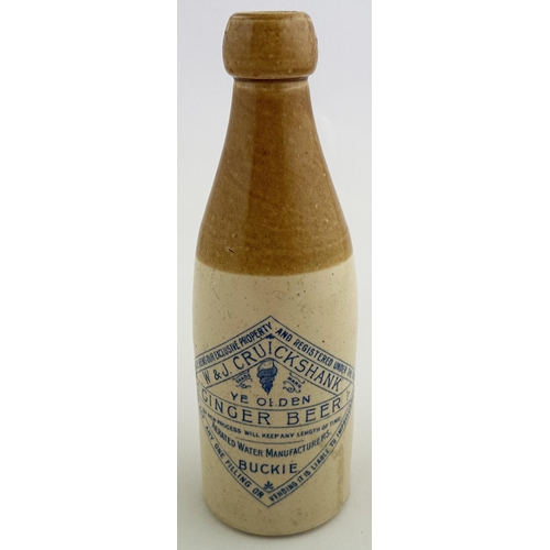 169 - BUCKIE W & J CRUICKSHANK GINGER BEER BOTTLE. 8.5ins tall. Ch., t.t., cork lip. Wonderful strong blue... 