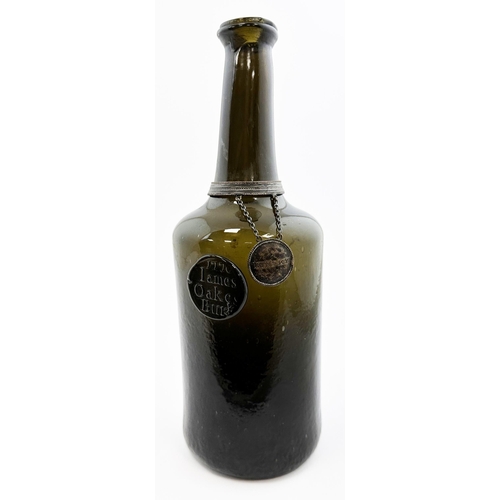 174 - JAMES OAKES BURY 1770 DATED SEALED WINE BOTTLE. David Burton Vol 2, p742. 10.4ins. Black glass class... 