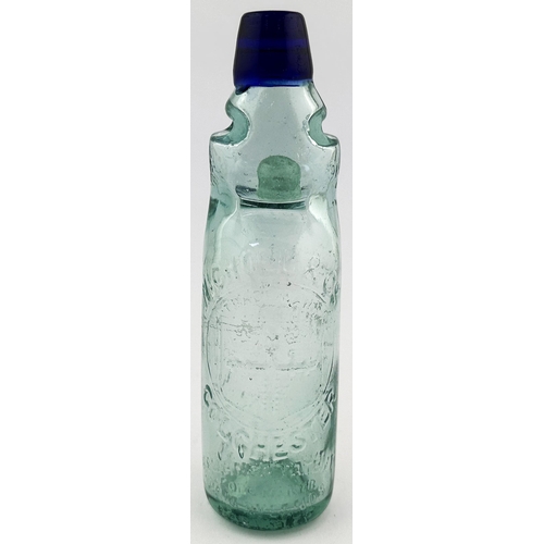 177 - BLUE LIP NICHOLL & CO COLCHESTER ACME RELIANCE PATENT CODD BOTTLE. 9ins tall. Aqua 10oz codd with a ... 