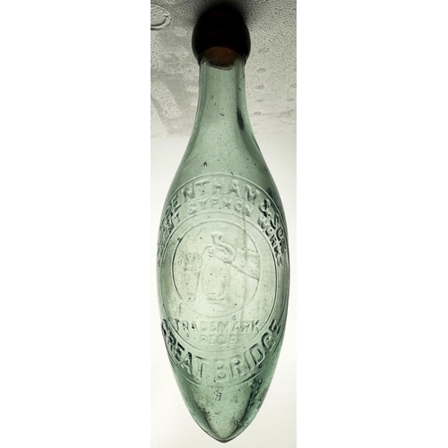 178 - J TRENTHAM & SON GREAT BRIDGE HAMILTON BOTTLE. 8.9ins tall, 10oz capacity. Aqua glass with a strong ... 