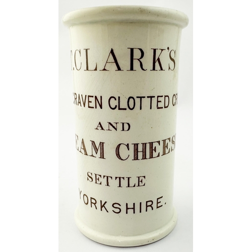 145 - CLARKES SETTLE YORKSHIRE CREAM POT CYLINDER. 4.9ins. Six lines of sepia letters (different fonts). T... 