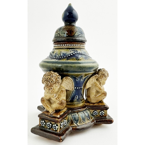 151 - DOULTON ARTWARE INKWELL. 4.7ins tall. Wonderful multi coloured Doulton stoneware artware inkwell wit... 