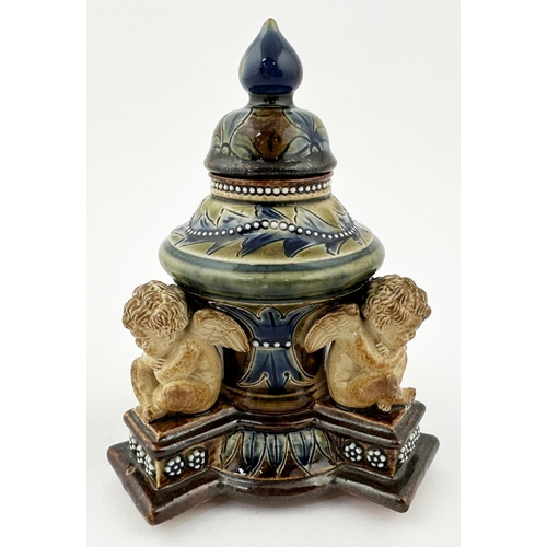 151 - DOULTON ARTWARE INKWELL. 4.7ins tall. Wonderful multi coloured Doulton stoneware artware inkwell wit... 