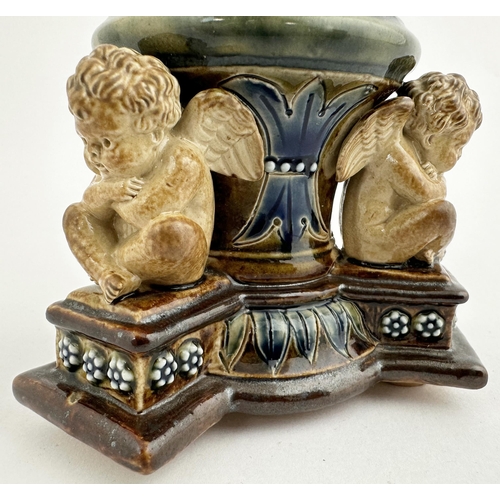 151 - DOULTON ARTWARE INKWELL. 4.7ins tall. Wonderful multi coloured Doulton stoneware artware inkwell wit... 