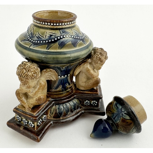 151 - DOULTON ARTWARE INKWELL. 4.7ins tall. Wonderful multi coloured Doulton stoneware artware inkwell wit... 