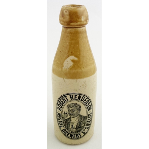 156 - SOUTH SHIELDS ROBERT HENDERSON GINGER BEER BOTTLE. 7.8ins tall. Ch., t.t., cork lip. Strong black tr... 