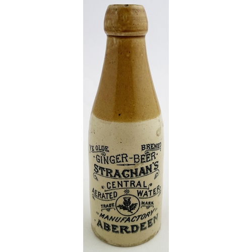 158 - ABERDEEN STRACHANS GINGER BEER BOTTLE. 8.4ins tall. Ch., t.t., cork lip. Thistle pictorial within or... 