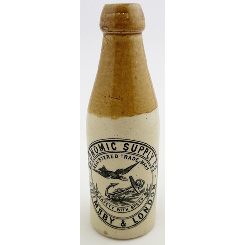 159 - ECONOMIC SUPPLY CO GRIMSBY & LONDON GINGER BEER BOTTLE. 8ins tall, ch., t.t., crisp black transfer. ... 