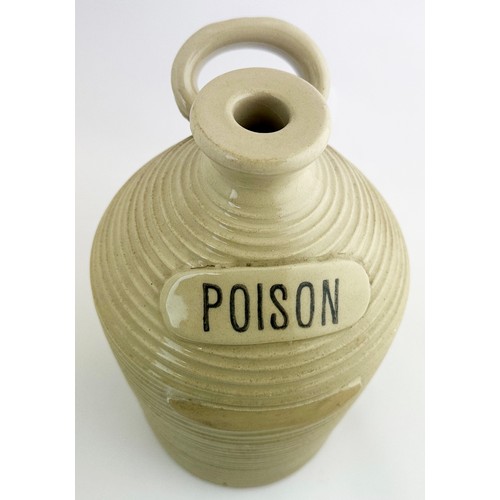 3 - STONEWARE POISON FLAGON. (DP p73). 13.1ins tall. Heavy stoneware cork closure flagon covered in hori... 