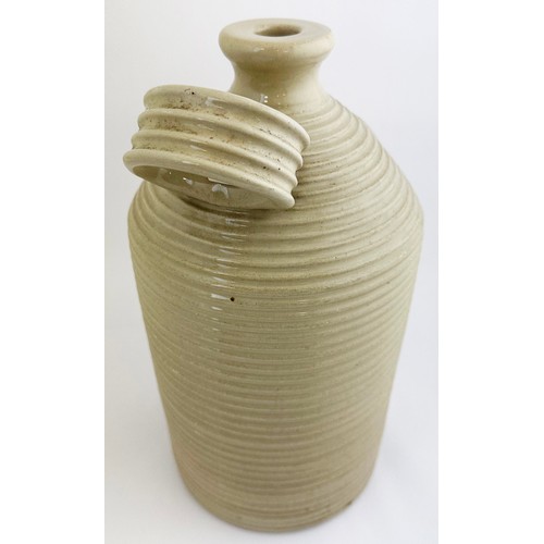 3 - STONEWARE POISON FLAGON. (DP p73). 13.1ins tall. Heavy stoneware cork closure flagon covered in hori... 