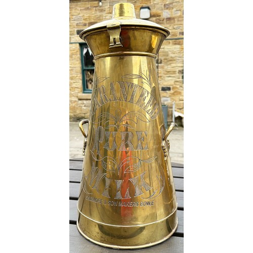 149 - BRASS GUARANTEED MILK CHURN. 22.5ins tall. A very impressive, large size, tapering brass milk churn,... 