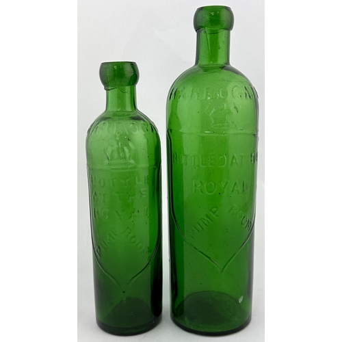 11 - HARROGATE PUMP ROOM BOTTLE DUO. Tallest 10ins. Embossed green glass,crown to front. Minor damages. (... 