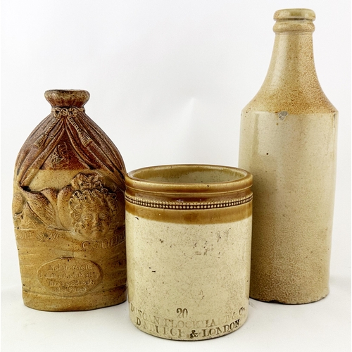 114 - STONEWARE TRIO. Tallest 9.75ins. Plain porter, Mrs Caudle flask & impressed Edinburgh & London jar. ... 