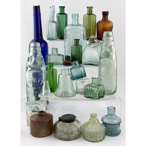 125 - ECLECTIC GLASS MIX. Tallest 13.5ins. Inc. Codds, inks, poisons, relish etc. Damages. (22) 7.5/10 Uns... 