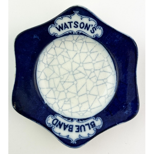 127 - WATSONS BLUE BAND ASHTRAY. 5ins diam. Blue & white porcelain, base p.m. Good.