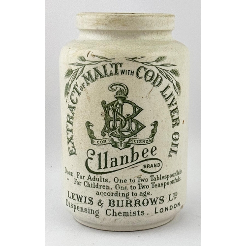 130 - ELLANBEE COD LIVER OIL JAR. 5ins tall. Green transfer, several lines of writing. Minor damage & craz... 