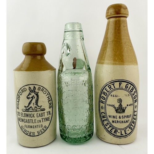 134 - NORTH EAST GINGER BEER DUO plus codd bottle. Tallest 9ins. BRADFORD BROTHERS, ROBERT GIBSON plus STO... 