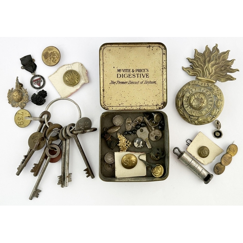 14 - ECLECTIC MIX. Tin with an assortment of buttons, badges, keys etc. Some railway, Royal Marines. Wort... 