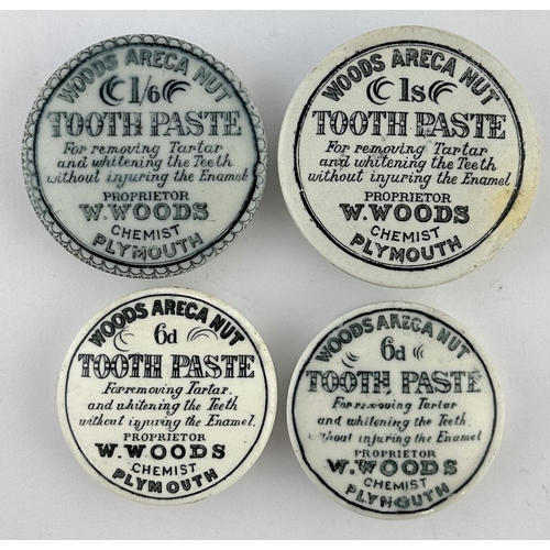 15 - PLYMOUTH WOODS ARECA NUT TOOTH PASTE POT LID GROUP. Largest 3ins. Various prices. Repairs. (4)