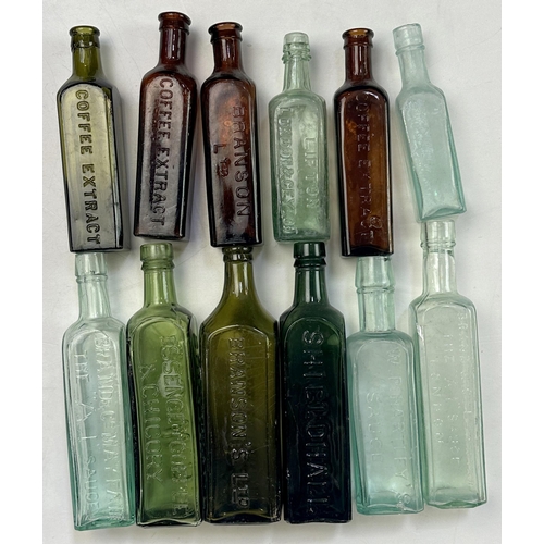 151 - BRANSON SAUCE BOTTLE GROUP. Various coloured glass & sizes. Embossed COFFEE EXTRACT, ESSENCE & CHICO... 