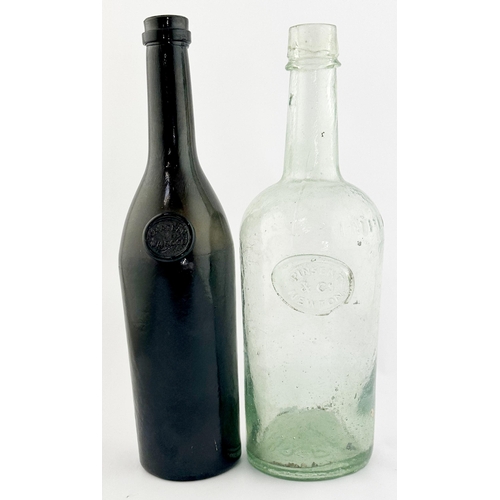 156 - SEALED WINE BOTTLE DUO. Tallest 12ins. PINSENT & CO NEWTON plus CHATEAU LA ROSE, base pontil, one wi... 