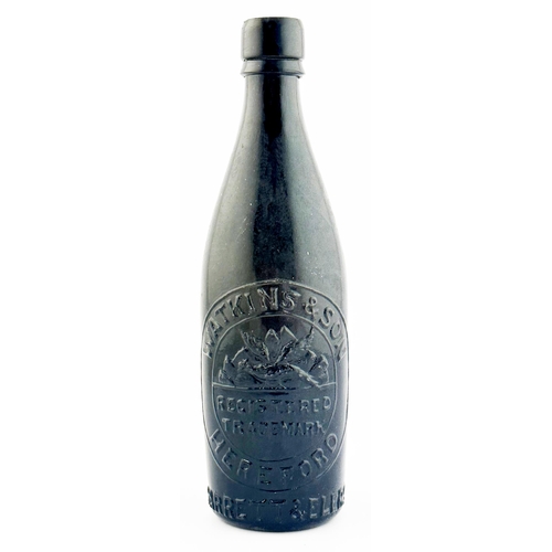 158 - HEREFORD PICTORIAL BEER BOTTLE. 10ins tall. Heavily embossed. WATKINS & SON/ BARRETT & ELERS. Base e... 