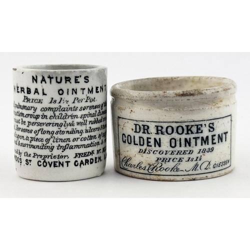 163 - OINTMENT POT DUO. Largest 1.5ins. Inc. NATURES HERBAL & DR ROOKES. Crazing. (2)