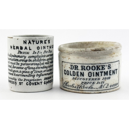 163 - OINTMENT POT DUO. Largest 1.5ins. Inc. NATURES HERBAL & DR ROOKES. Crazing. (2)