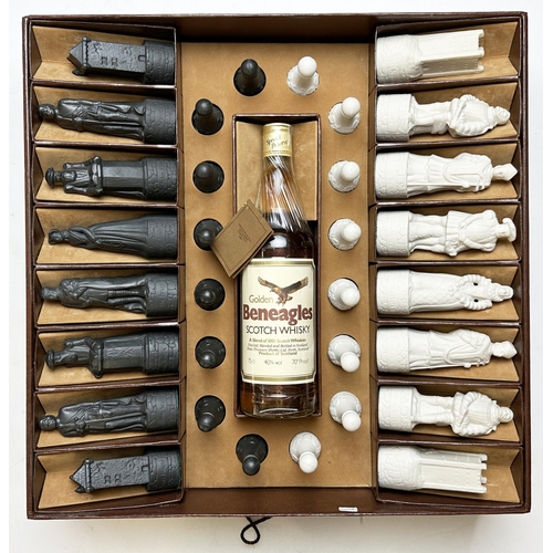 185 - BENEAGLES SCOTCH WHISKY BOXED CHESS SET. With full unopened bottle of whisky plus some piece have co... 