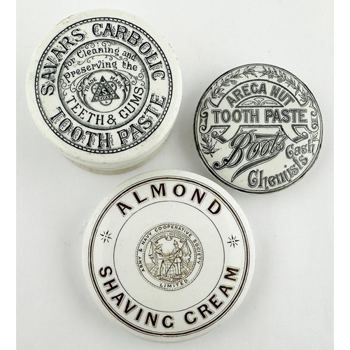 195 - POT LID TRIO. Largest 3.5ins. Inc. SAVARS CARBOLIC, ARMY & NAVY plus BOOTS. Damages. (3)