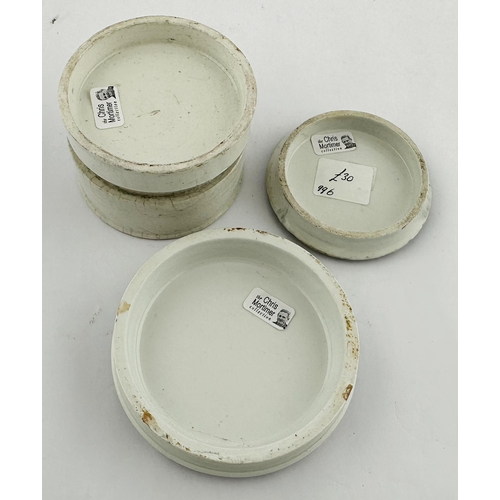 195 - POT LID TRIO. Largest 3.5ins. Inc. SAVARS CARBOLIC, ARMY & NAVY plus BOOTS. Damages. (3)