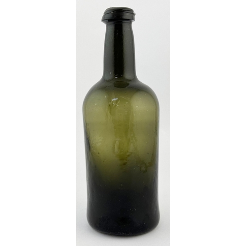 2 - BLACK GLASS WINE BOTTLE. 10ins tall. c.1780-1800. Light olive green glass, base pontil.