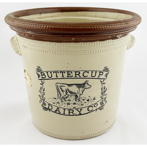 200 - BUTTERCUP DAIRY CO BUTTER CROCK. 8ins tall. Side handles. 7LB impressed. Buchan p.m. Chip.