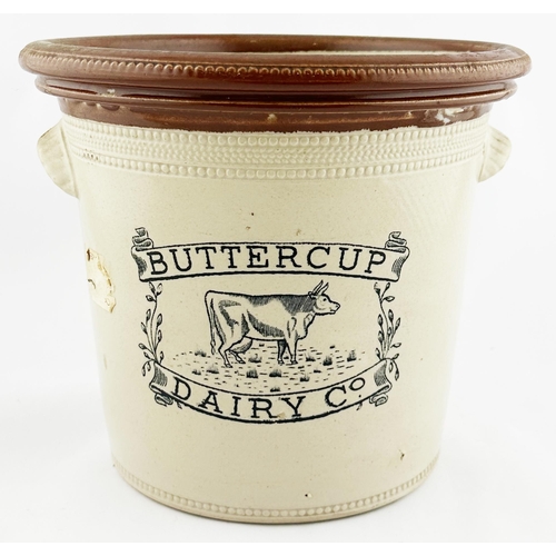 200 - BUTTERCUP DAIRY CO BUTTER CROCK. 8ins tall. Side handles. 7LB impressed. Buchan p.m. Chip.