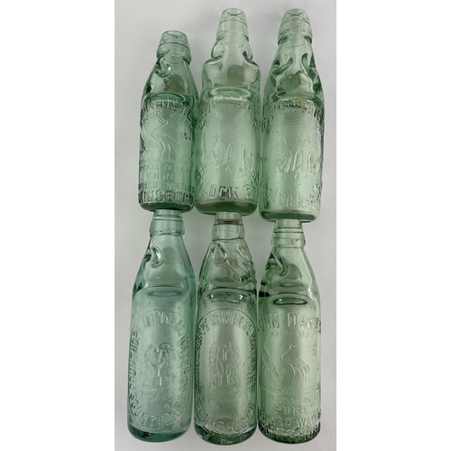 21 - LINCOLNSHIRE PICTORIAL CODD BOTTLES GROUP. Tallest 9ins. Inc. Scunthorpe, Matlock Bath & Gainsboro. ... 