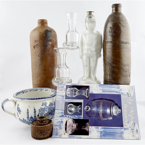 222 - ECLECTIC MIX. Tallest 11.5ins. Inc. appolonaris, candle stands, ink, blue & white handled bowl, Whis... 