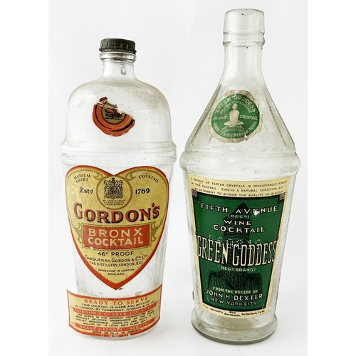 224 - PAPER LABELLED COCKTAIL BOTTLES. Tallest 10ins. GORDONS & FIFTH AVENUE. Rear embossing. Damages. (2)