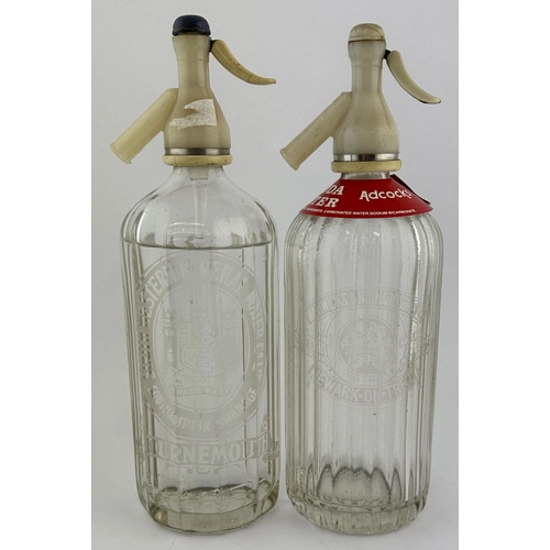 23 - ACID ETCHED SODA SYPHON DUO. Tallest 12ins. Bournemouth & Newark on Trent, complete with triggers, 1... 