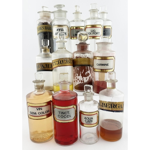 237 - CHEMIST ROUND GROUP. Tallest 7ins. Label under glass plus others, some with contents. Damages. (13) ... 