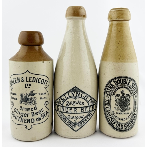 239 - GINGER BEER TRIO. Tallest 8.5ins. Inc. CARLISLE OLD BREWERY, GLASGOW & SOUTHEND ON SEA. Rear p.m. Mi... 