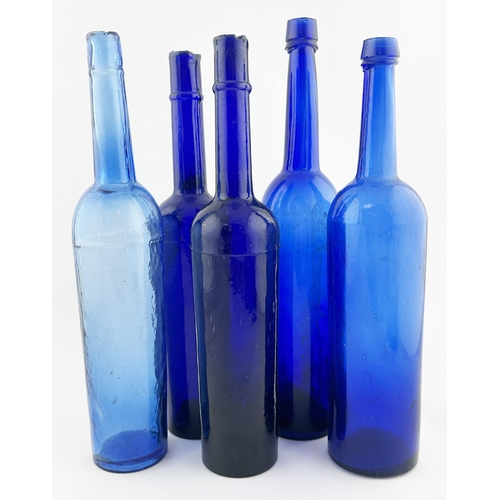 243 - OLIVE OIL BOTTLES GROUP. Tallest 12.5ins. Various blues. Minor damage.(5)