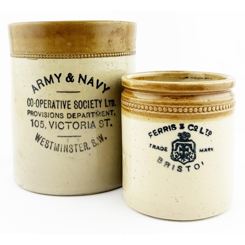 249 - FOOD JAR DUO. Tallest 5ins. Bourne Denby ARMY & NAVY/ WESTMINSTER plus Price Bristol BRISTOL FERRIS ... 