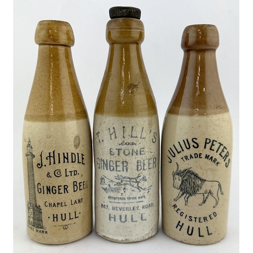 25 - HULL GINGER BEER TRIO. Tallest 8.5ins. Pictorials. Inc. HINDLE, PETERS & HILLS. Repaired/ minor dama... 