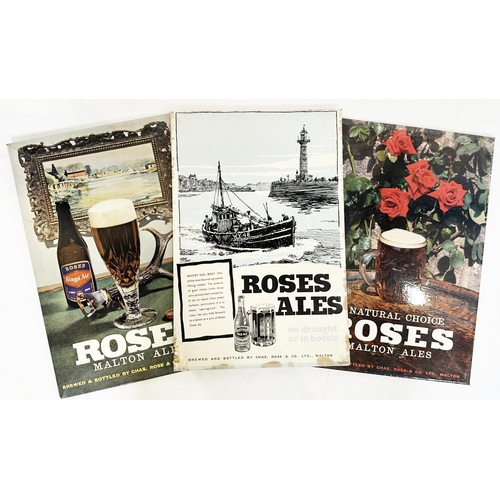 252 - ROSES ALES (MALTON) ADVERTISING TRIO. 12 x 8ins. Laminated. Worn. Rare Yorkshire Breweriana. (3)