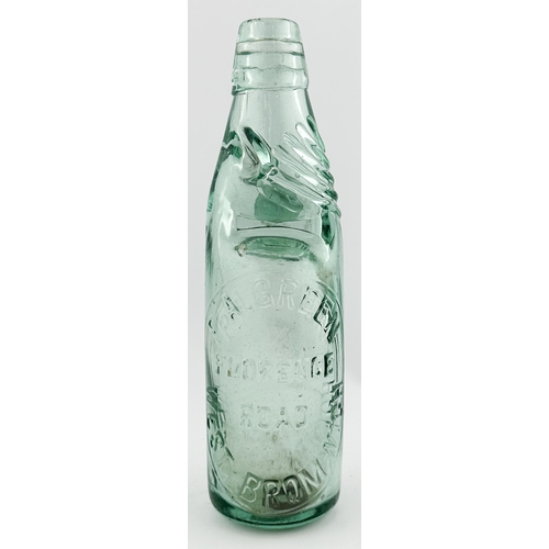 259 - WEST BROMWICH CODD BOTTLE. 9ins tall. Embossed PA GREEN, Shaws patent. Body dings & lip slither.