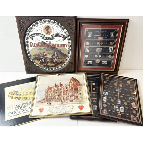 263 - ADVERTISING GROUP. Largest 17 x 20ins. Inc. GLEN GRANT WHISKY mirror, various framed coins & stamps ... 