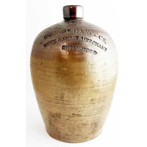 266 - CHELMSFORD FLAGON. 15ins tall. Impressed GEORGE HAYCOCK/ WINE & SPIRIT MERCHANT 2 GALLON, rear handl... 