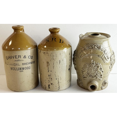 278 - STONEWARE TRIO. Tallest 13ins. 2 flagons HOLLINWOOD & SRD plus coat of arms sprigged barrel. Damages... 