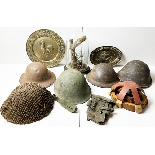 280 - MILITARY HELMETS plus others. Inc. Taxidermy style case & tray. Worn. (7) 6/10 Unsuitable to p+p